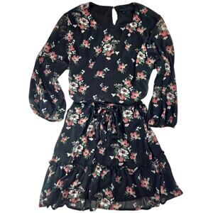 Tacera | Short Black Long Sleeve Floral Dress| Size XL